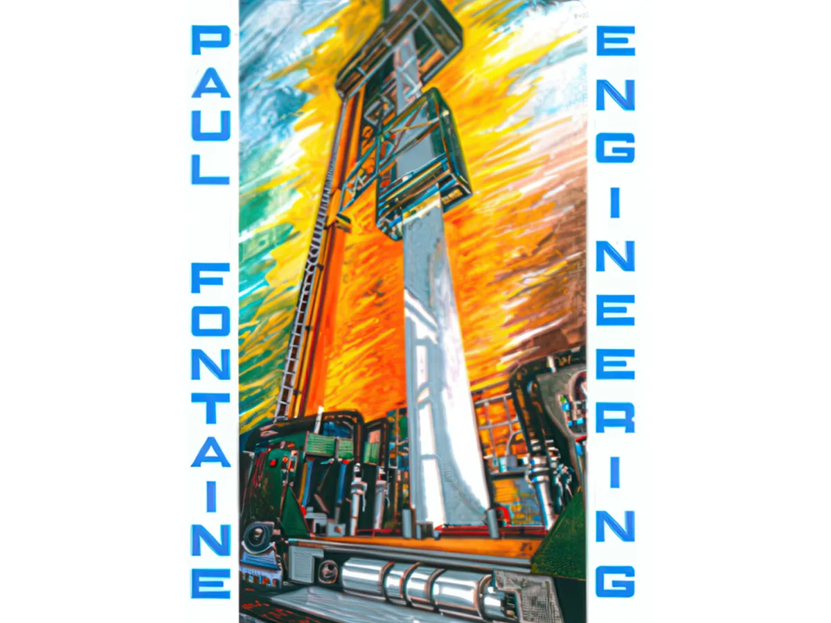 Illustration of a lifting platform with technical details against an orange-yellow sky, flanked by the words Paul Fontaine Engineering in blue letters.