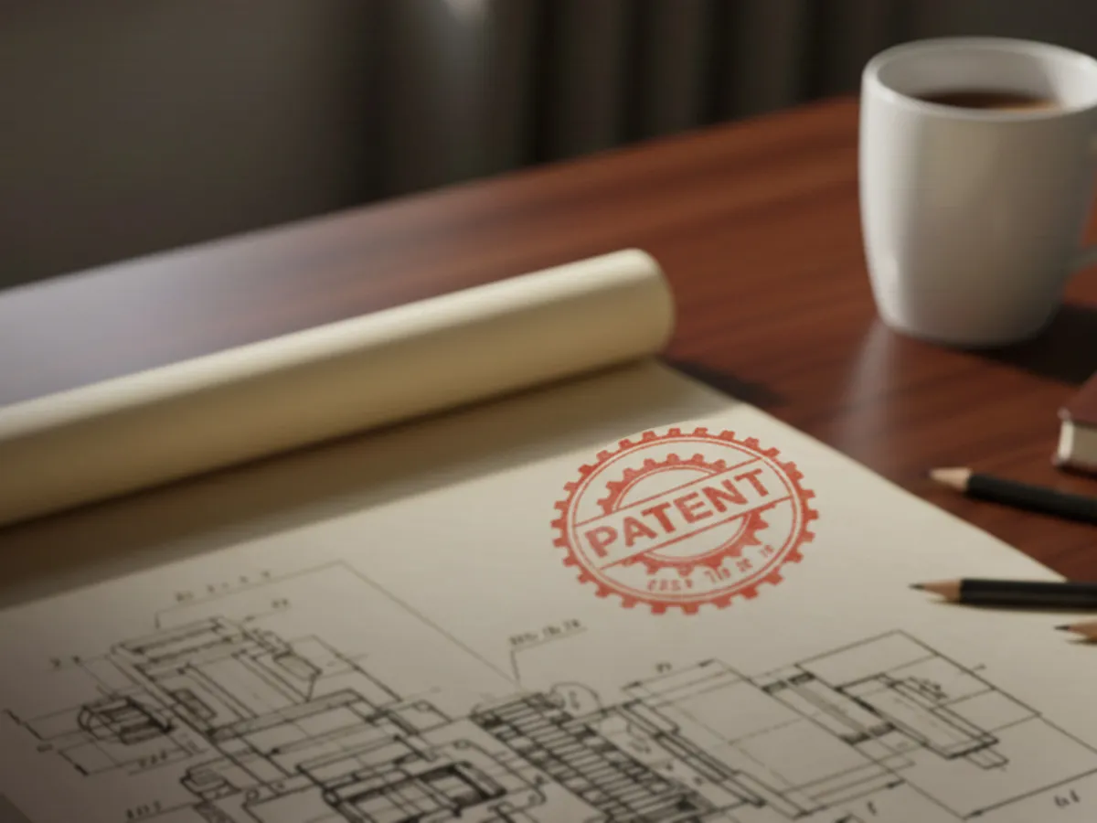 Technische Zeichnung mit rotem Patentstempel auf einem Tisch neben weißen Kaffeetasse und Bleistiften.