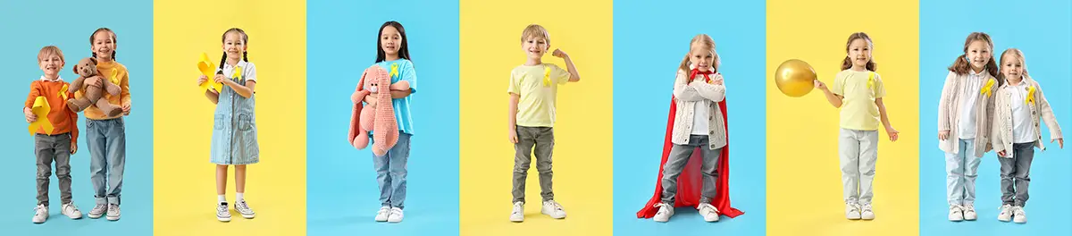 Seven smiling children standing against alternating blue and yellow backgrounds, some holding yellow ribbons, toys, a balloon, or wearing a red cape.
