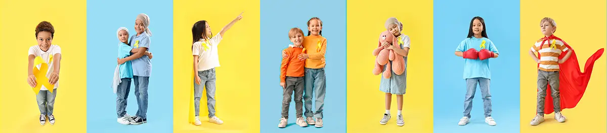 Seven diverse children with yellow ribbons, posing individually or paired against alternating yellow and blue backgrounds, expressing support and strength.