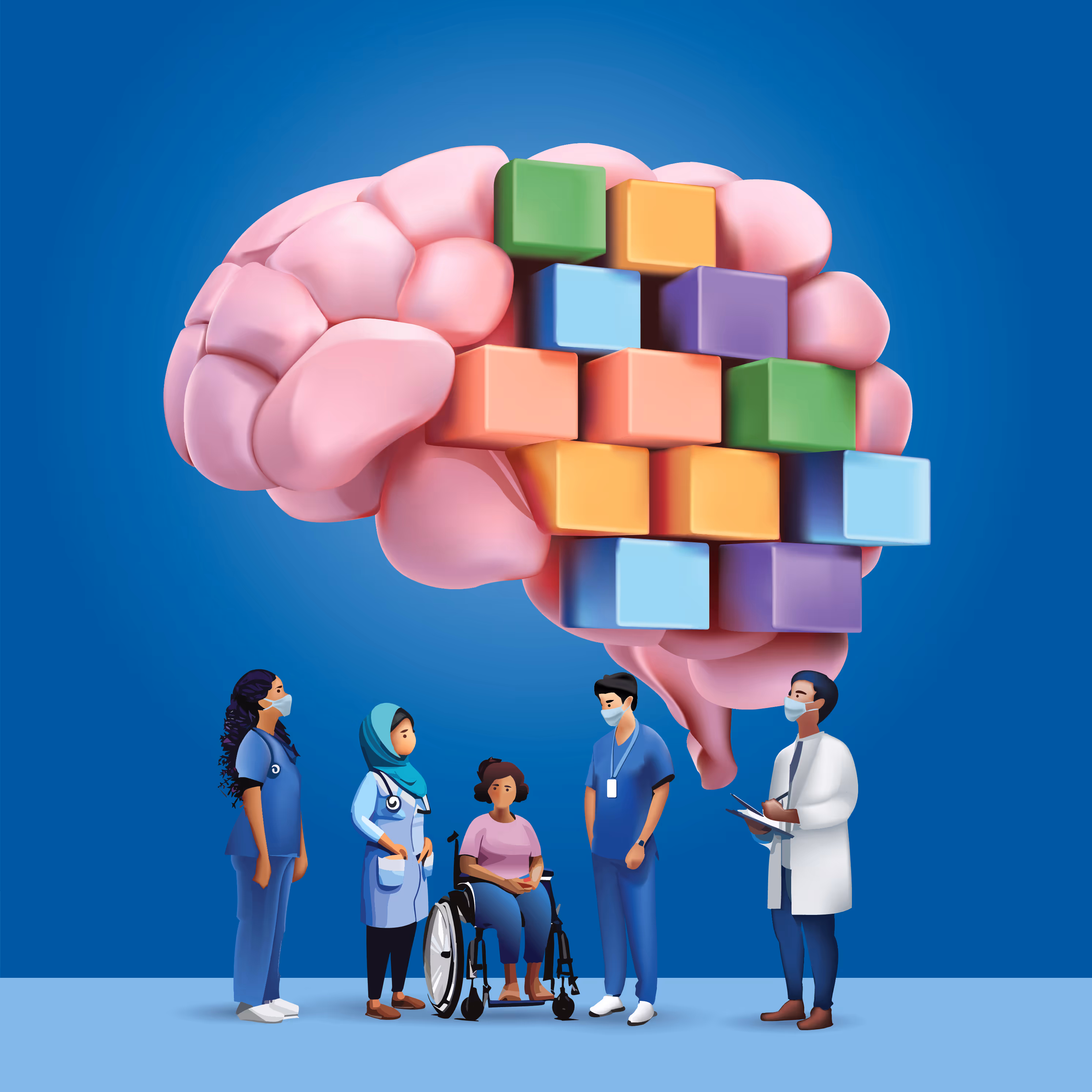 Brain made of multicolored blocks above healthcare professionals with patients.