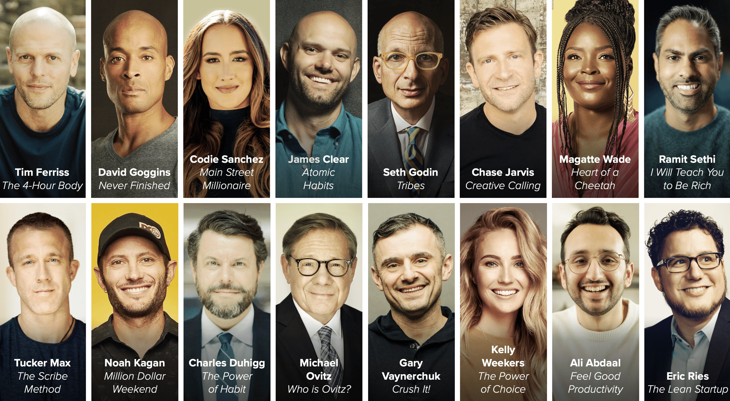 Grid of authors Charlie Hoehn has worked with, including Tim Ferriss, Codie Sanchez, Ramit Sethi, Noah Kagan and Seth Godin, each labeled with their book