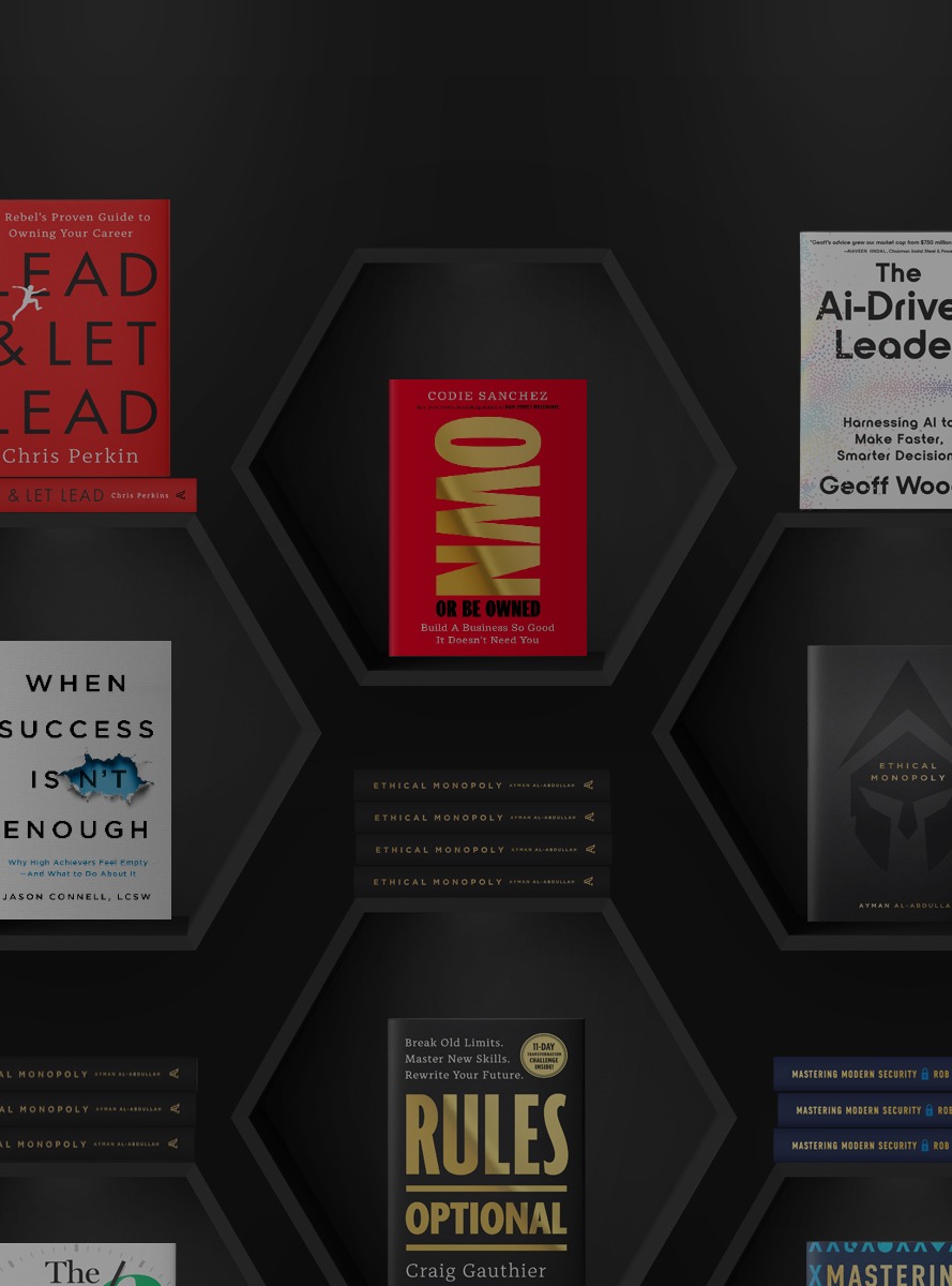 Finished covers of books our team has worked on, including Own or Be Owned and When Success Isn't Enough