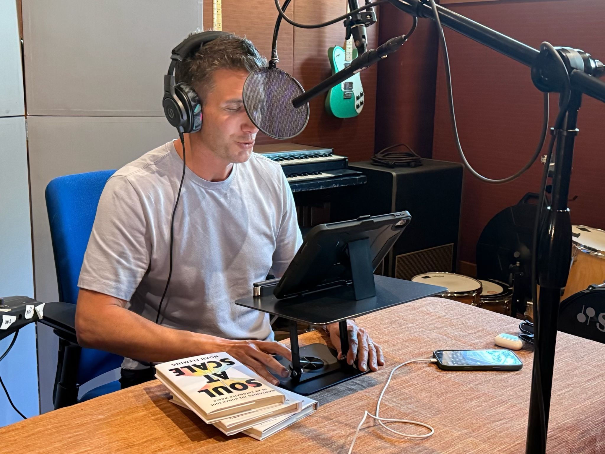 Noah Fleming recording the Soul at Scale audiobook in the studio