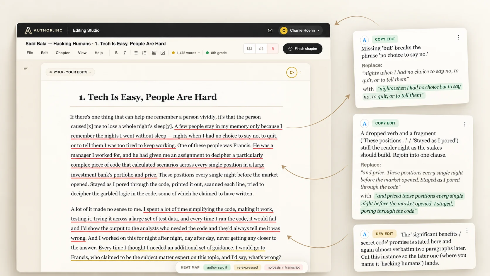A chapter in the Author.Inc Editing Studio with edits and notes beside the page