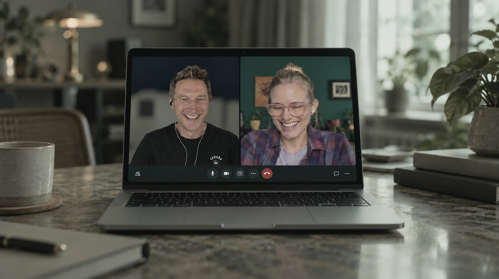 An author and a Book Director laughing during a remote recording session