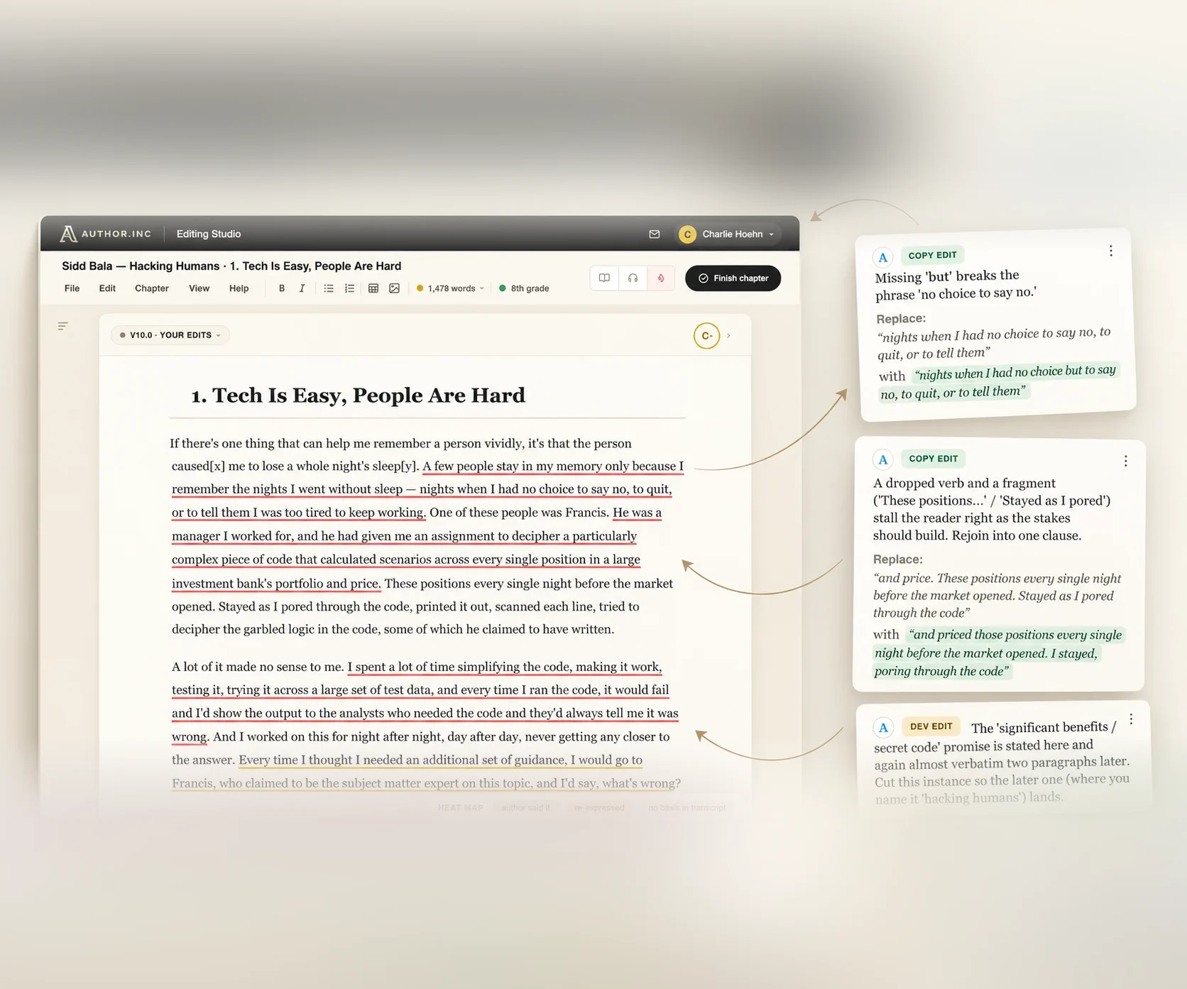 A chapter of a first draft in the Author.Inc Editing Studio, with editor notes in the margin