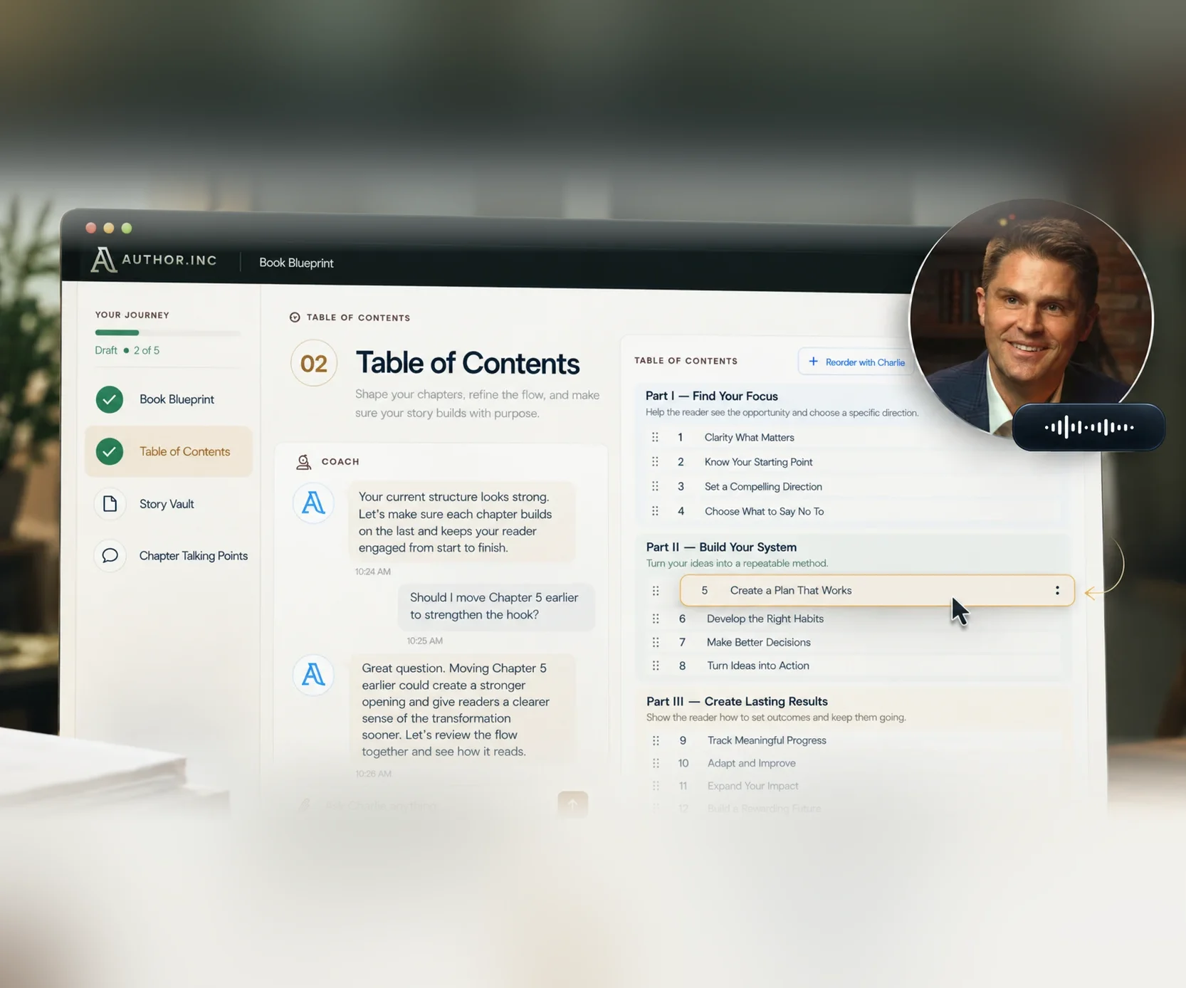 A book's table of contents taking shape in the Author.Inc Book Blueprint