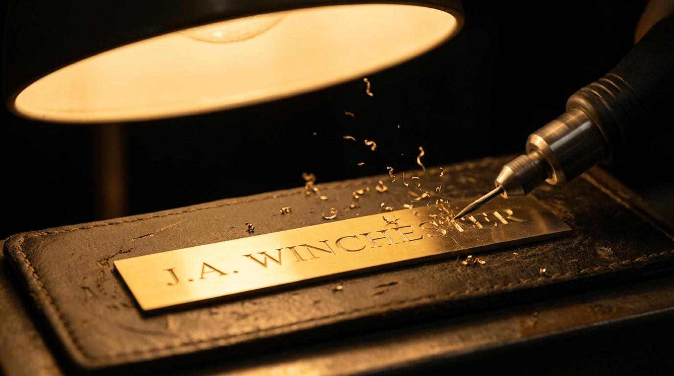An engraving tool cutting a name into a polished brass nameplate under a warm lamp, with fine gold shavings lifting away.