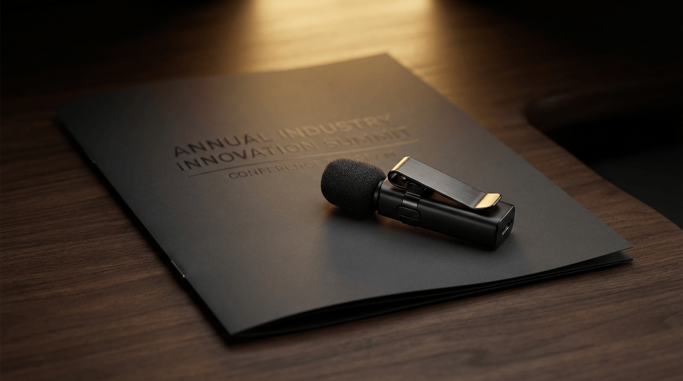 A clip-on lapel microphone resting on the program for an industry innovation summit, on a warmly lit dark wood table.