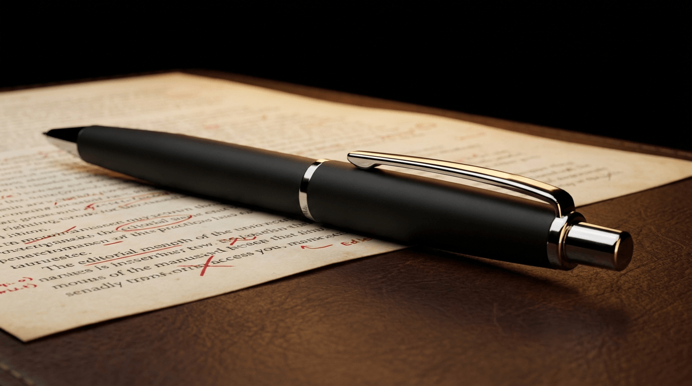 A black pen with gold trim resting on a printed manuscript page marked up with red editing notes, on dark leather.