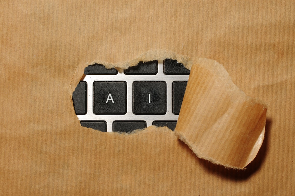 Keyboard covered with paper torn back to reveal only the keys "A" and "I"