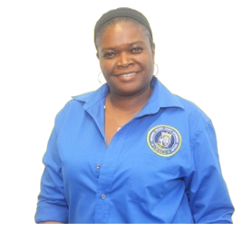 Ms. Rainford smiling in blue school staff shirt
