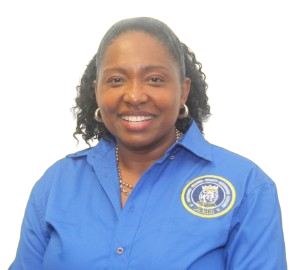 Ms. Bent smiling in blue school staff shirt
