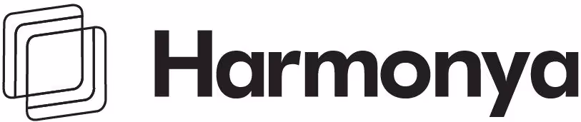 Black text and logo reading Harmonya with square outline design on white background side by side.