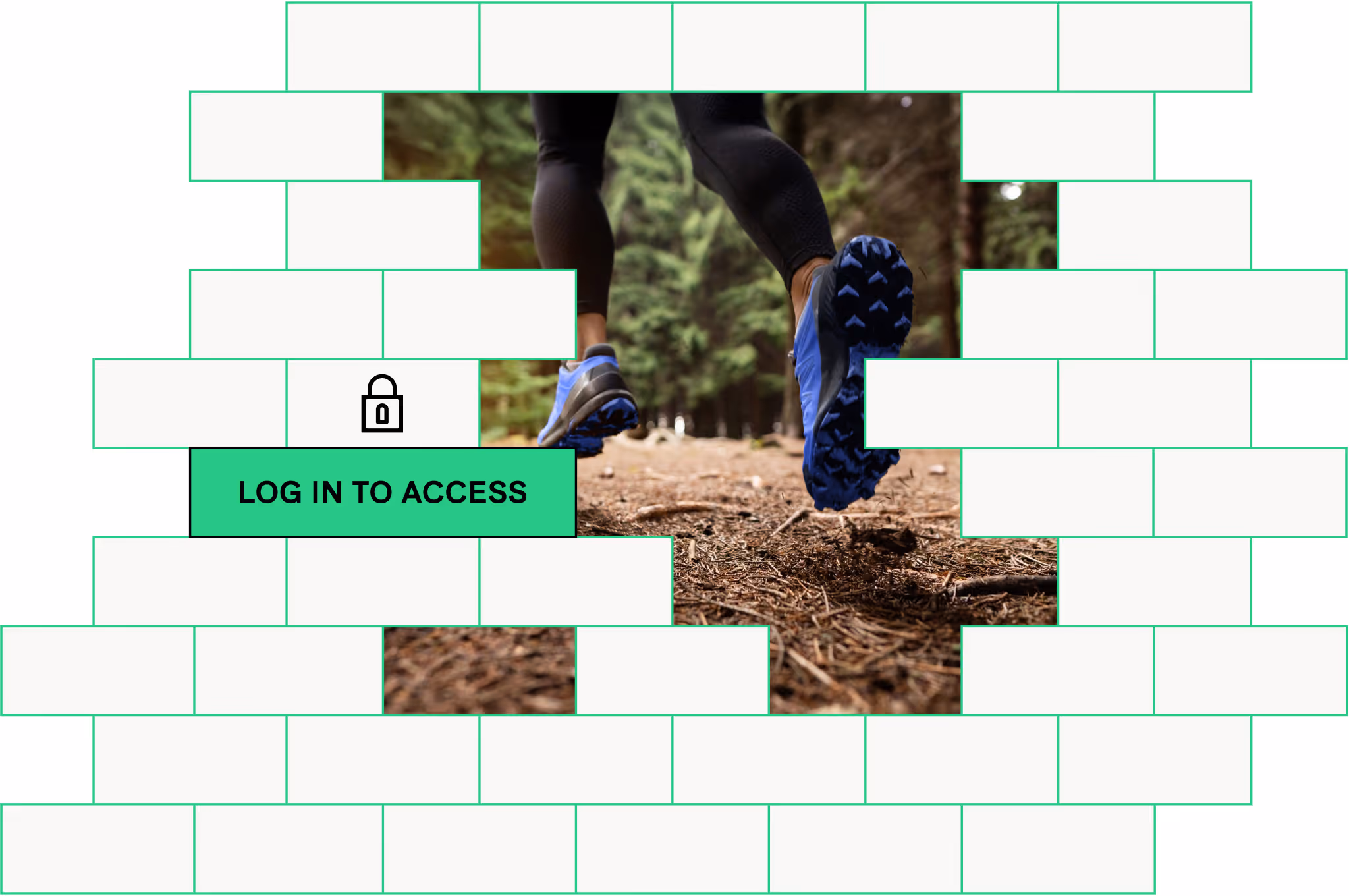 Person running on trail in forest wearing blue shoes and black leggings.