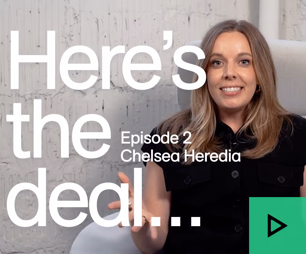 Woman smiling and gesturing on a video podcast episode thumbnail with play button and text overlay.