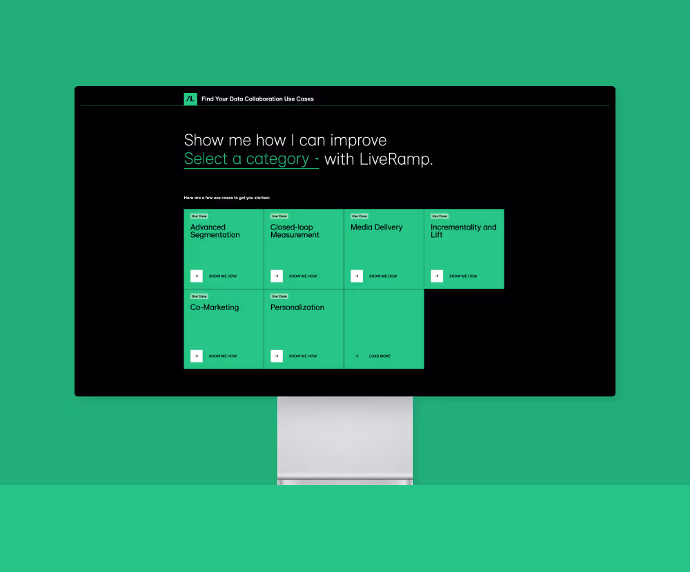 LiveRamp data collaboration use cases menu on computer screen with green background and categories listed.