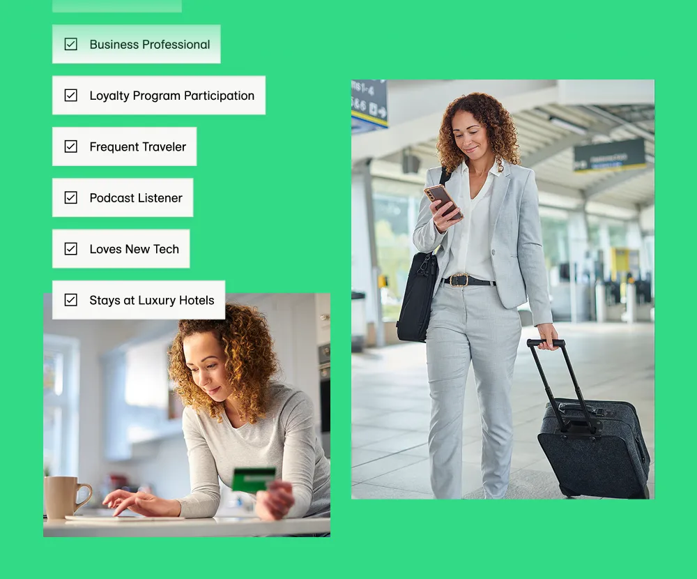 Targeting panel listing traits like business professional and frequent traveler, with images of the same woman at home and in an airport plus personalized flight and restaurant app messages.