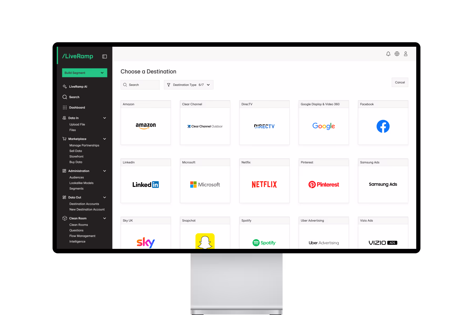 LiveRamp platform screenshot showing various data destinations including Amazon, Google, Facebook, LinkedIn, Netflix, Pinterest.