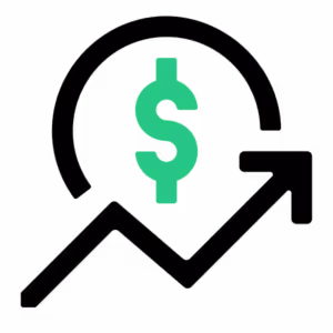 A green and white dollar sign with a green arrow pointing up.