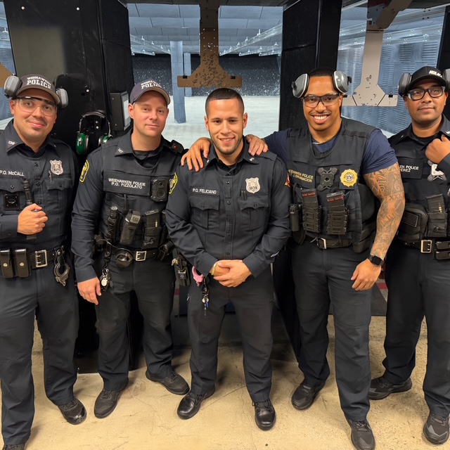 Two police officers in uniform, smiling and posing for a photo, with a city skyline in the background. The scene includes trees and a crowd of people, indicating a community event.