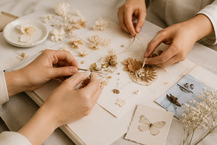Hands with dried flowers making a craft