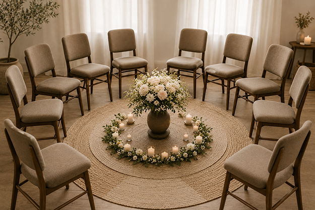 Chairs in circle with a floral arrangement in the center