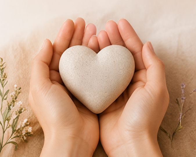 Two hands holding a heart-shaped stone.