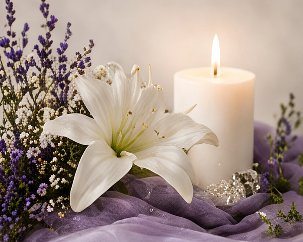 A lily flower and candle on a piece of purple fabric.