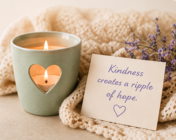 A candle with a heart on it, and a note that reads "kindness creates a ripple of hope".
