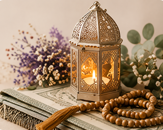 A candle lantern with flowers in the background.
