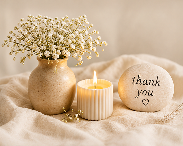 A pot of baby's breath flowers, a candle, and a stone that says "thank you" on it