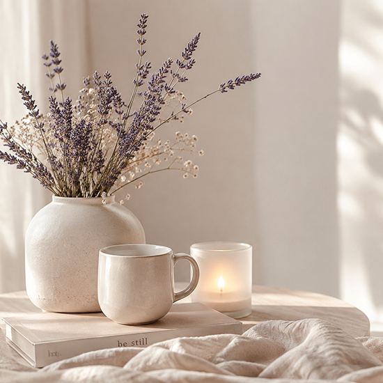 Dried flowers, candle, and a mug on a book