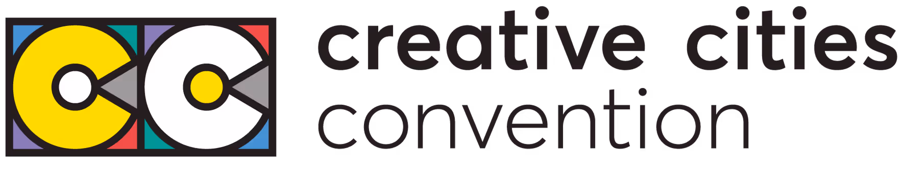 Logo with two stylized letter C's in yellow and white inside colored squares next to the text 'creative cities convention'.