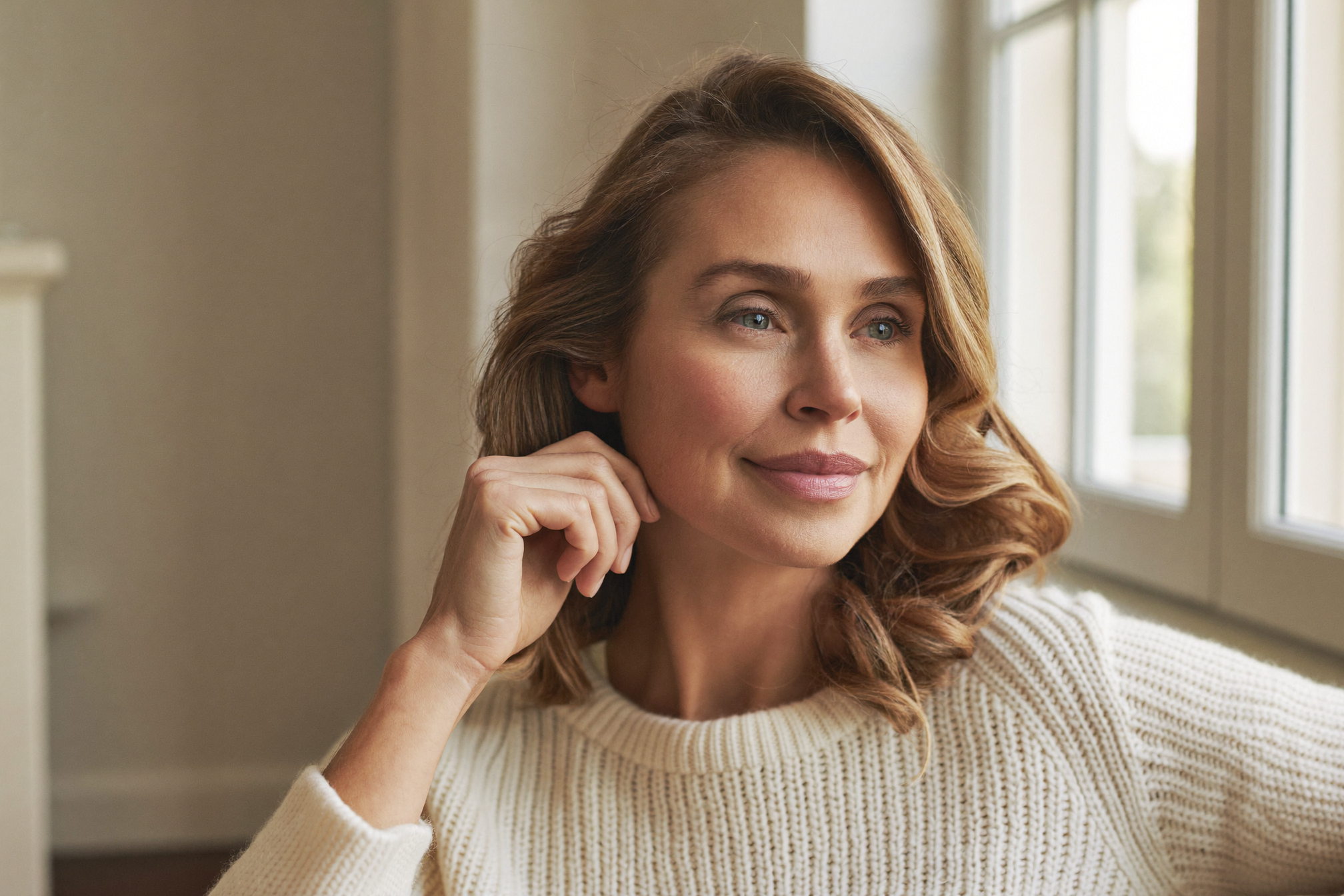 A calm, well-rested woman in her 40s by a bright window, representing relief from perimenopause symptoms in Wilmington, NC