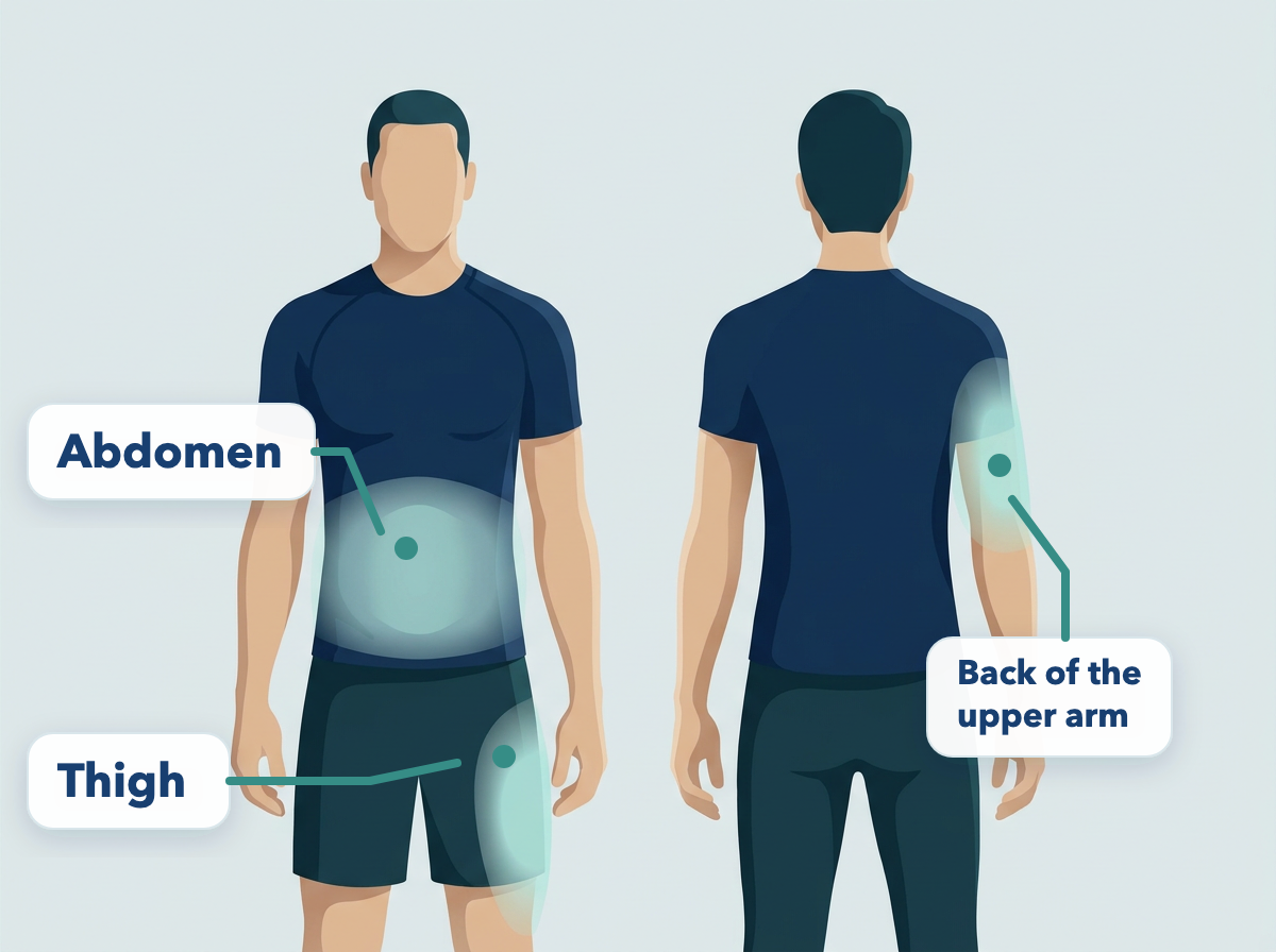 Diagram showing the abdomen, thigh, and back of the upper arm as usual injection areas.