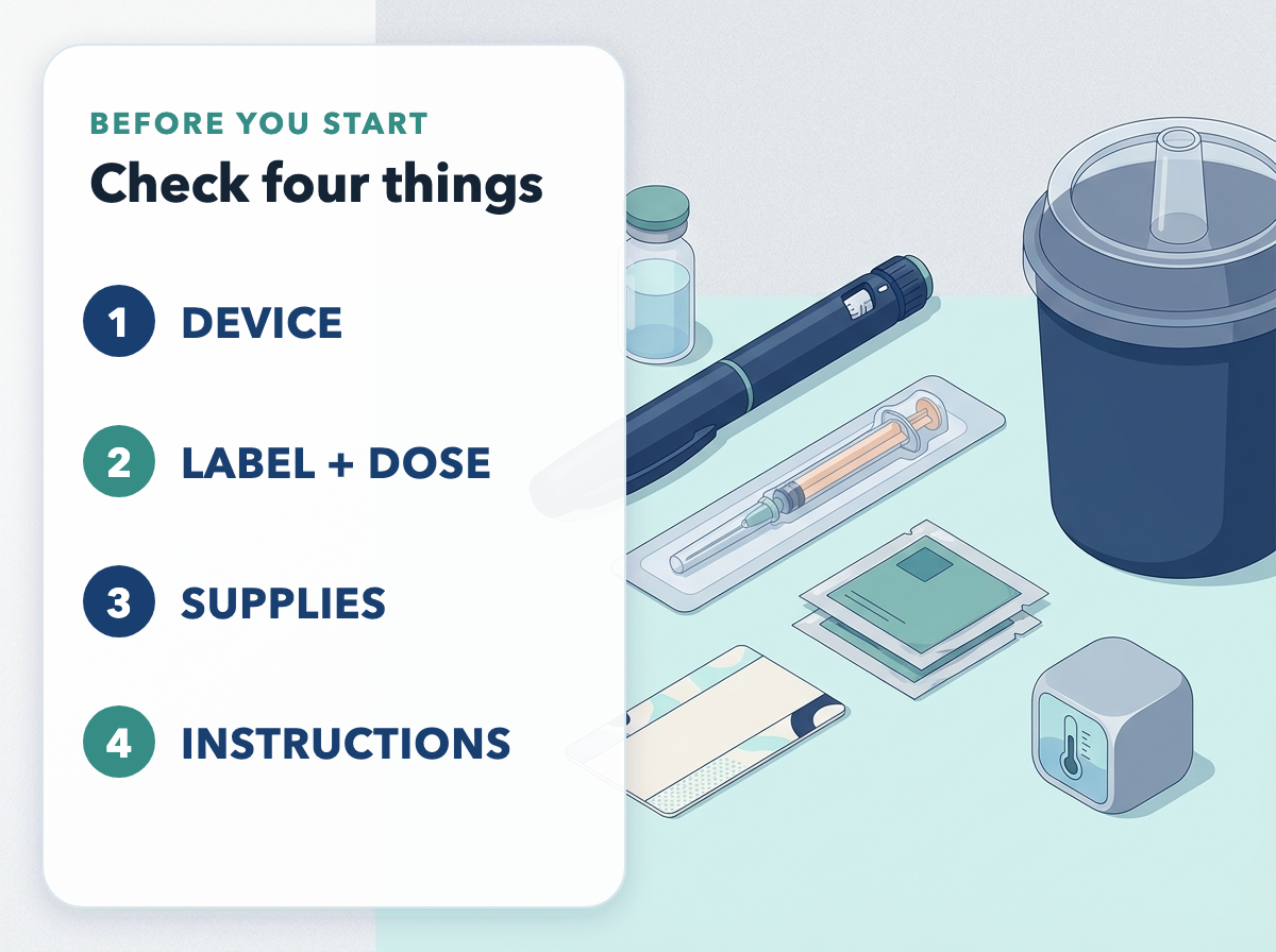 Four-item checklist to review before preparing the dose.