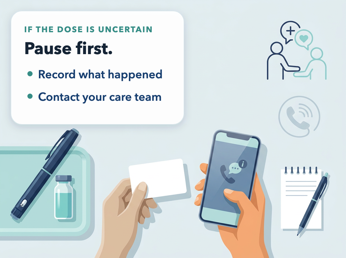 Pause, record what happened, and contact your care team if the delivered dose is uncertain.