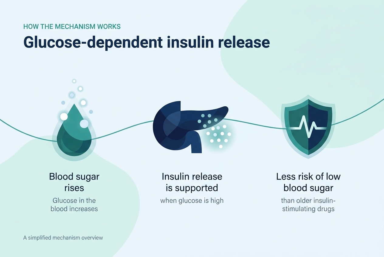 Diagram showing glucose-dependent insulin release in three steps: blood sugar rises, insulin release is supported when glucose is high, with less risk of low blood sugar than older insulin-stimulating drugs.