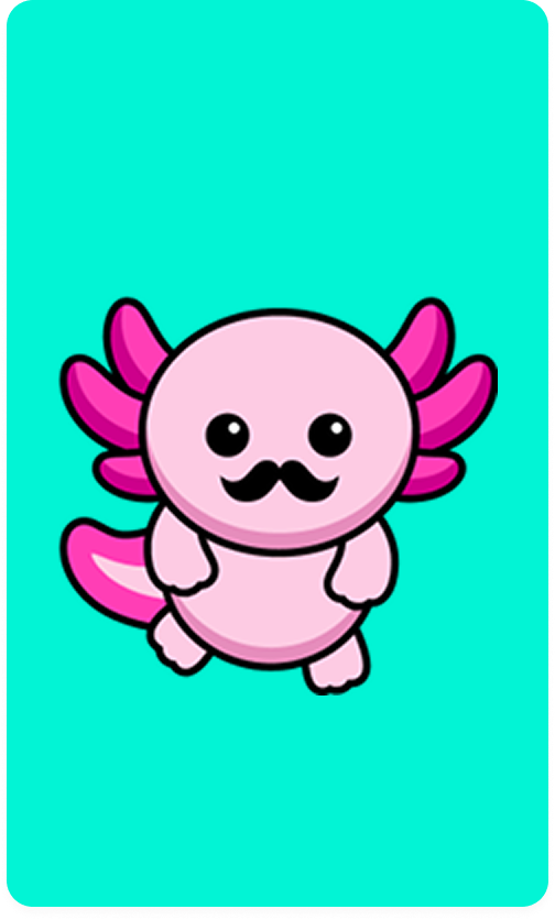 Cute pink axolotl cartoon with a black mustache on a turquoise background.