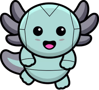Cute cartoon axolotl with a light blue segmented body, big eyes, and dark gray external gills.