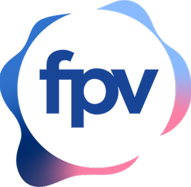 Logo featuring lowercase letters 'fpv' surrounded by a blue and pink gradient abstract circular shape.