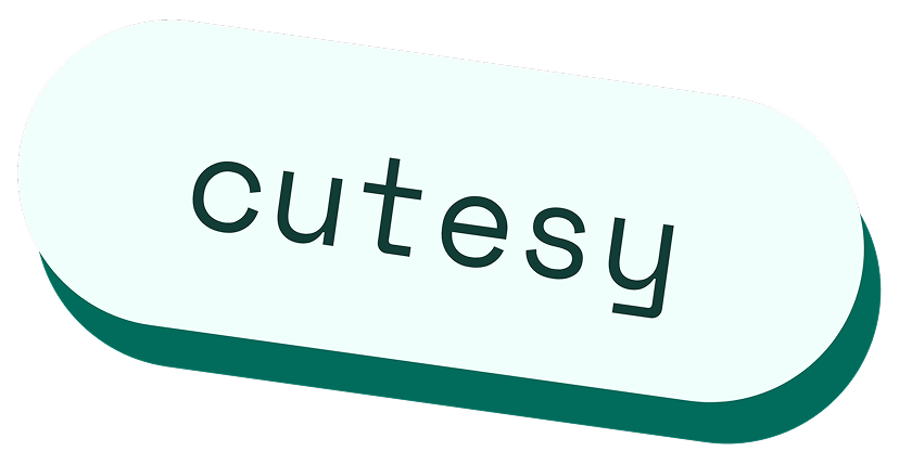 Stylized text reading 'cutesy' slanted diagonally on a rounded rectangular shape with a teal shadow.