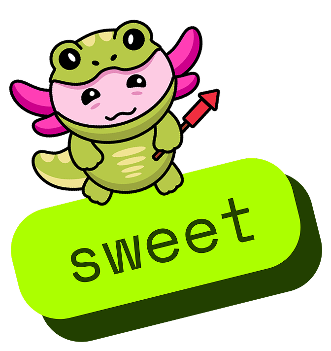 Cartoon green axolotl with pink gills holding a red arrow above a green button labeled 'sweet'.
