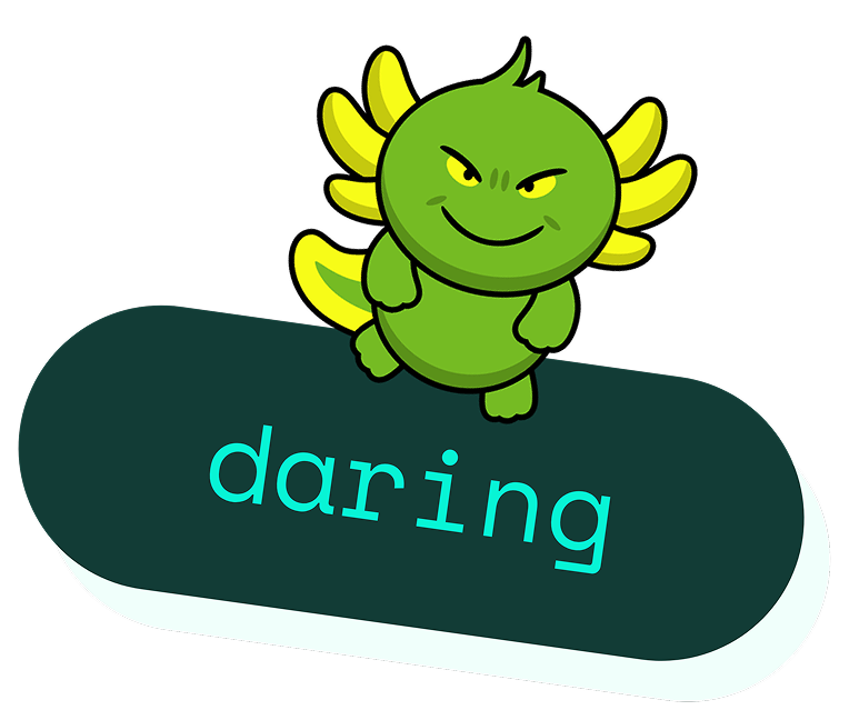 Green cartoon creature with yellow wing-like appendages standing above the word 'daring' on a dark rounded rectangle.