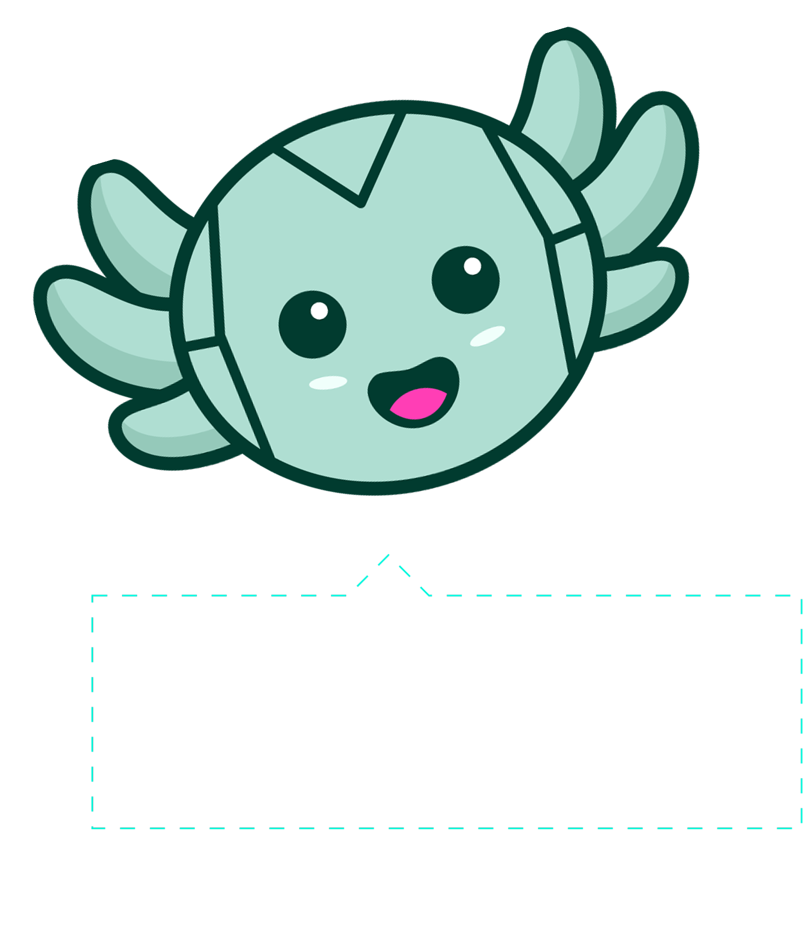 Cute round teal robot with big eyes, small wings, and a pink smiling mouth.