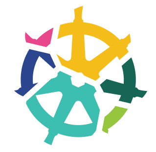 Colorful ship wheel divided into six multicolored segments with white gaps in between.