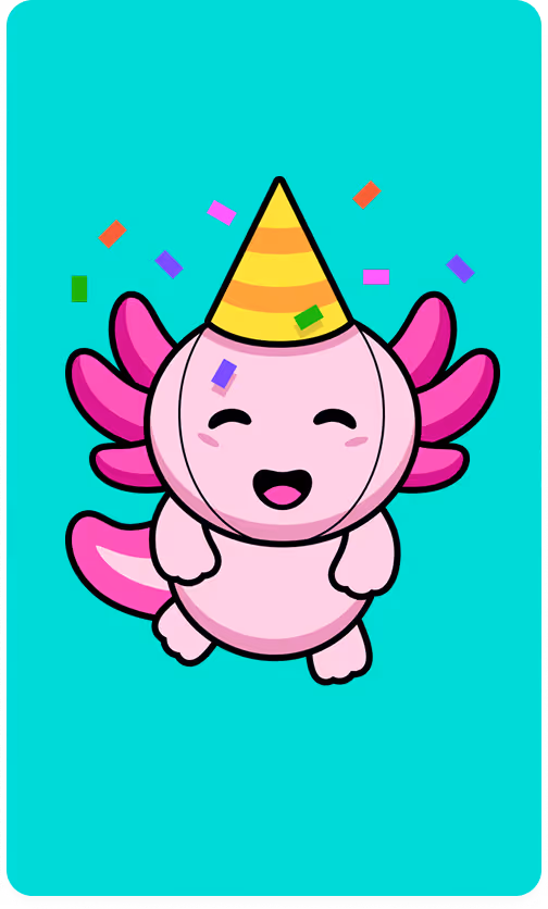 Happy pink axolotl wearing a yellow-striped party hat with colorful confetti on a turquoise background.