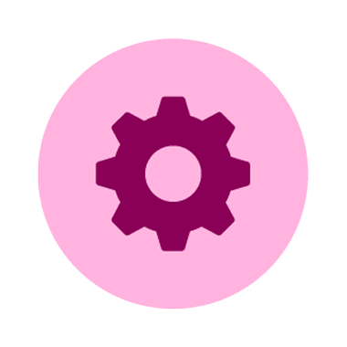 Purple gear icon centered on a pink circular background, symbolizing settings or configuration.